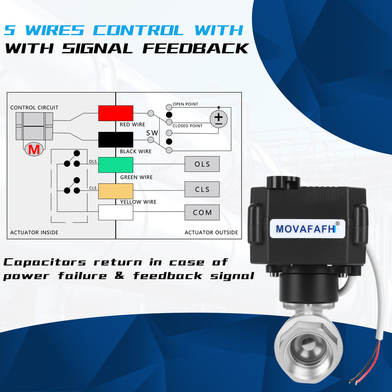FH-MO movafaFH 5v 12V 24V electric motorized stainless steel ball valve 2 wire auto return setup