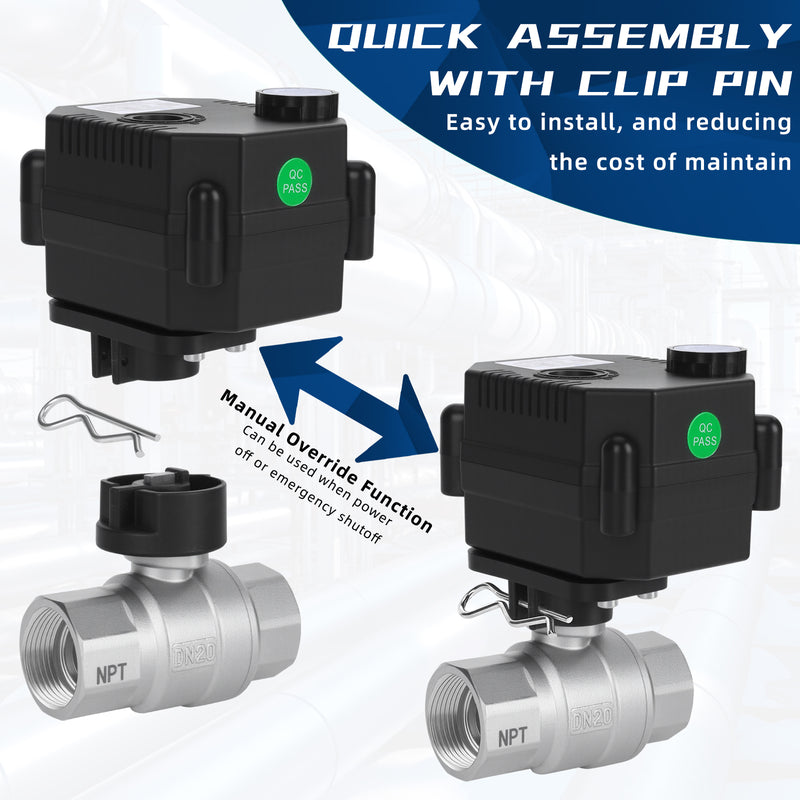 FH-MO movafaFH 5v 12V 24V electric motorized stainless steel ball valve 2 wire auto return setup