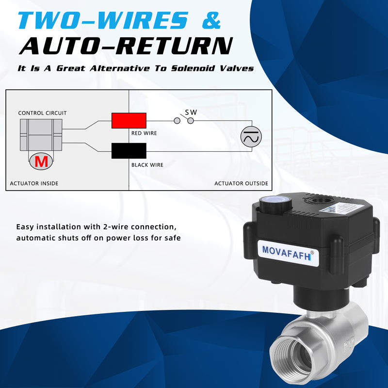 FH-MO movafaFH 5v 12V 24V electric motorized stainless steel ball valve 2 wire auto return setup